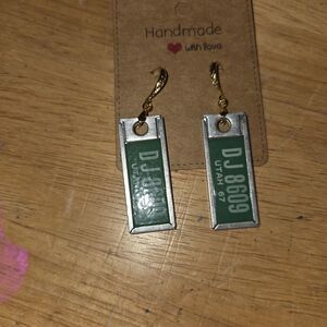 Green and Silver License Plated Earrings I Restored . Vintage License I Handmade